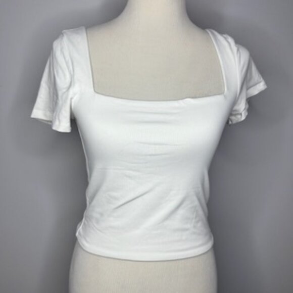 Babaton - White Crop Square Neck T-Shirt - Picture 1 of 4